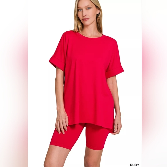 Zenana Full Size Brushed Dty Microfiber Round Neck Top and Biker Shorts Set Plus - Picture 1 of 3